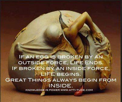 If life is broken by an inside force it begins.
